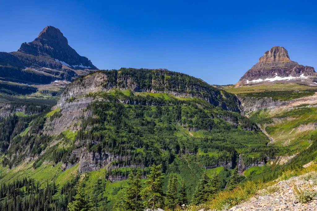 Granite peaks in all colors, white, tan, peach, grey, blue, purple, and orange.