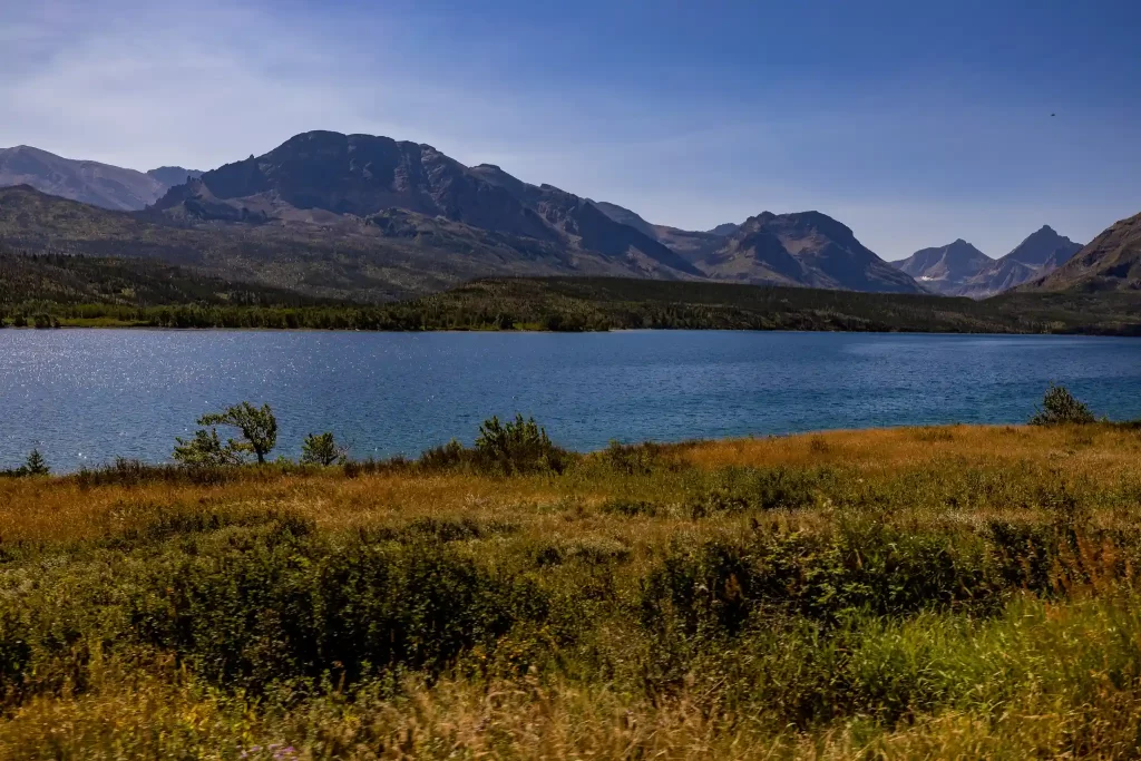 Lower Saint Mary Lake in Glacier National Park backed by imposing mountains.