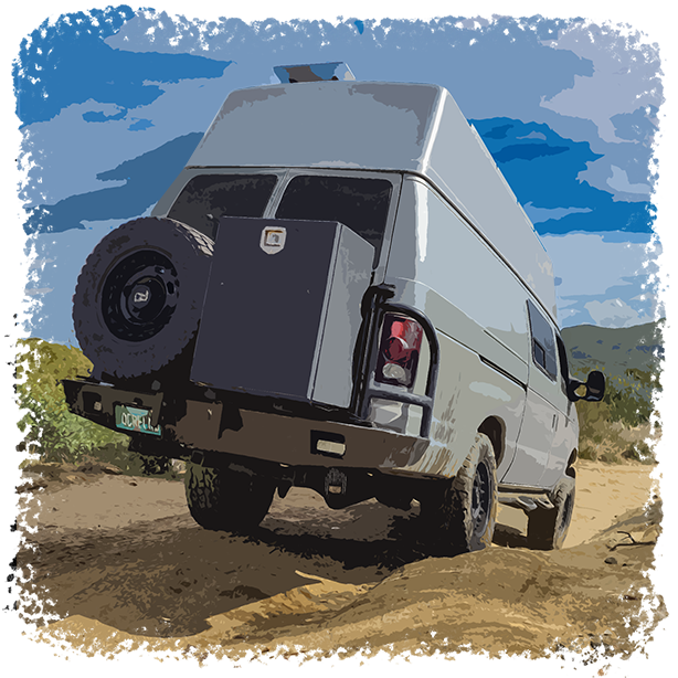 Silver 4x4 campervan going down an uneven hill to find a boondocking spot.