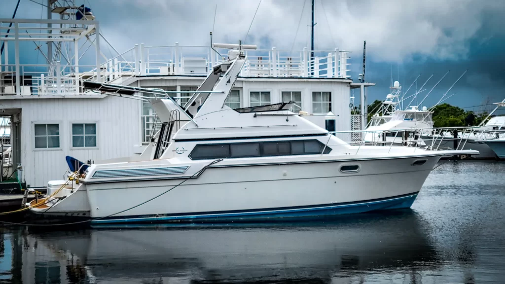 Our Great Loop Boat - a 1989 Carver Santego 38 docked at a marina.