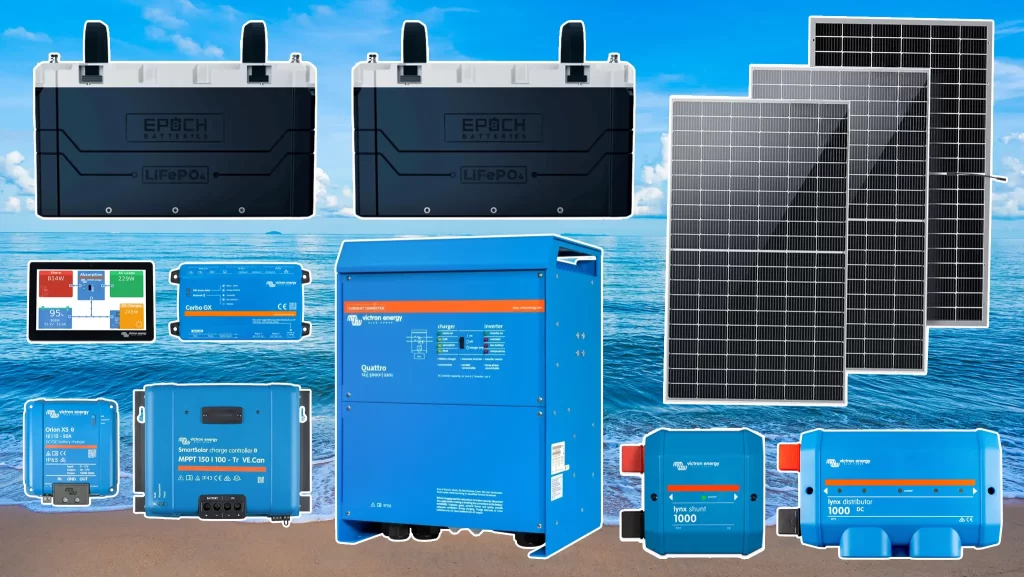 Yacht solar system components for a boat including Victron and Epoch Batteries.