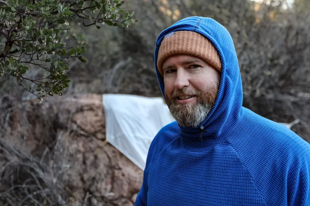 Tom drying out the tent in Miller Peak Wilderness.