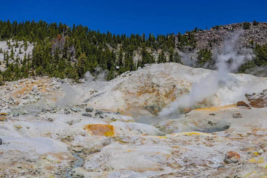 A tight shout of white steam hisses from a gas vent at Bumpass Hell.