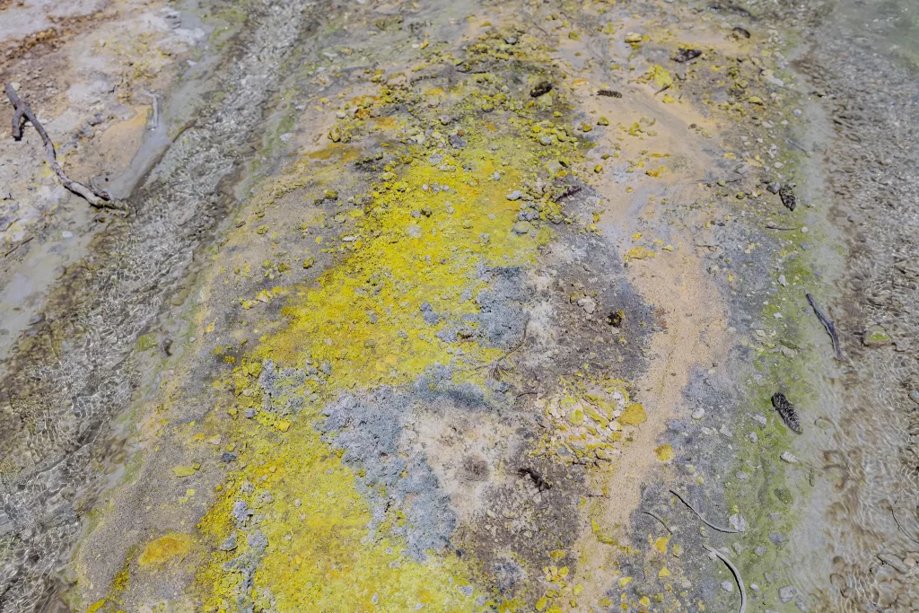 A close up of the yellow sulphur deposits at Bumpass Hell, Lassen Volcanic National Park.