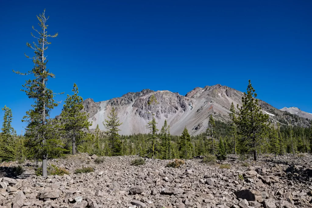 Chaos Crags at Lassen, an impressive grey mountain rising sharply out of the jumble of rocks.