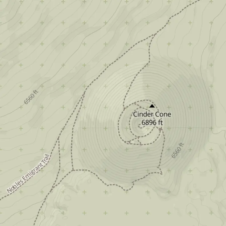 Topographic map of the cinder cone area, showing the available hiking trails.