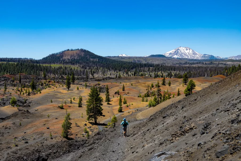 A beautiful view encompassing lava fields, painted dunes, and Lassen Peak.