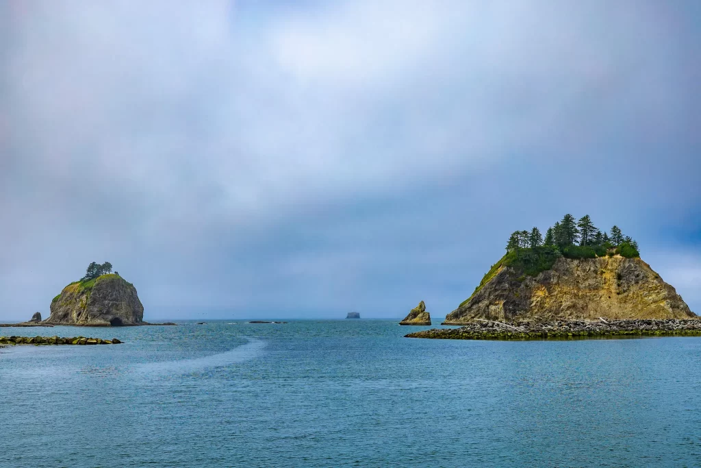 Two tiny islands with trees off the Olympic Coast.