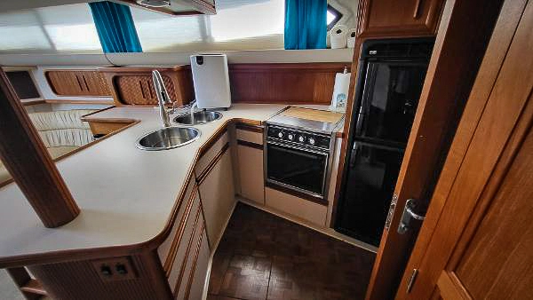 Spacious galley in our 1989 Carver Santego 38 motor yacht.