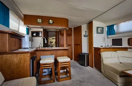 Perfect Great Loop boat with open galley and salon on the same level.