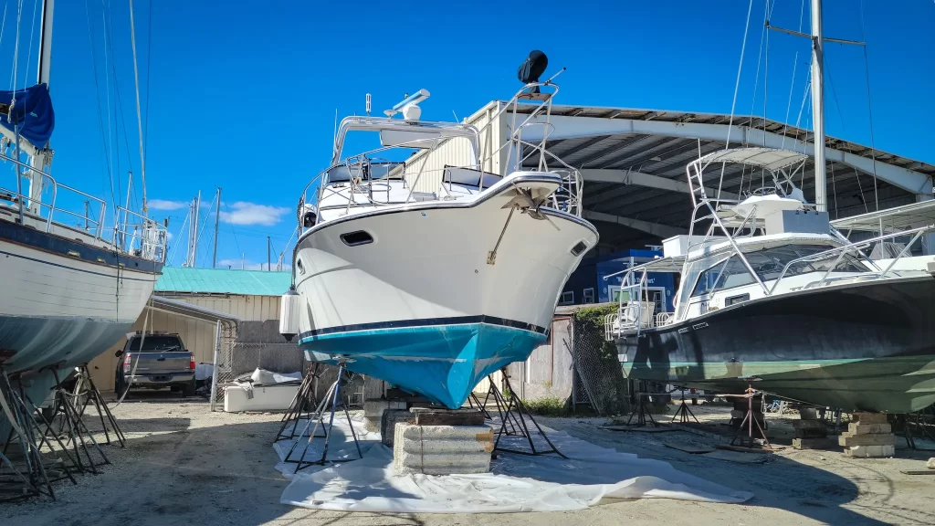 The Carver Yacht fully blocked and sitting on the hard.