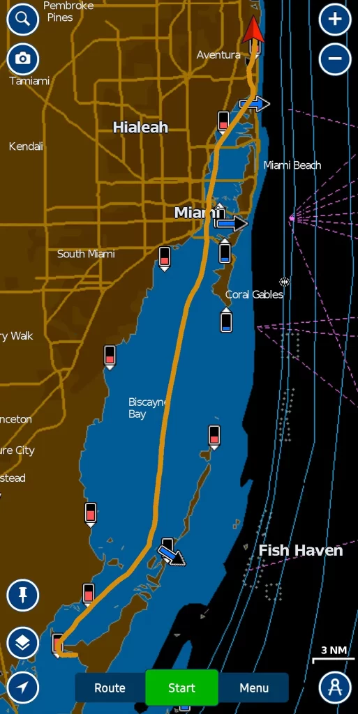 A screenshot of our route on Navionics.