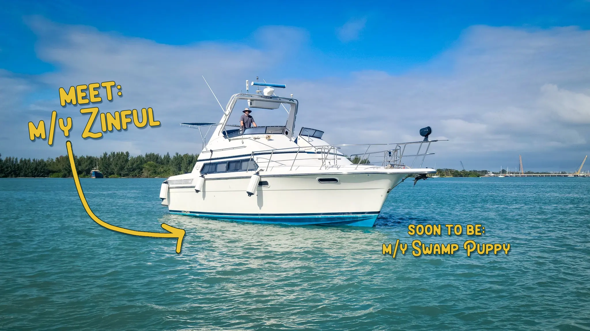 Our Great Loop Boat - a 1989 Carver Santego 38 in the turquoise waters of Florida.