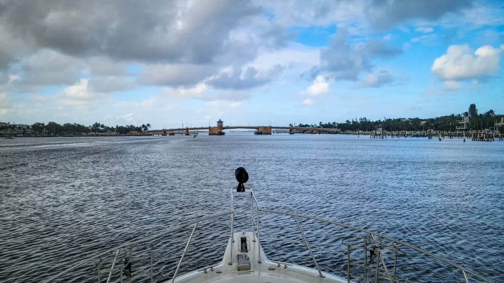 Approaching a large bridge on the ICW near Palm Beach.