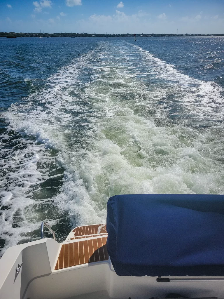 The wake behind our motor yacht.