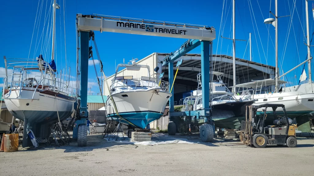 Carver Yacht almost ready to be removed from the slings of the Travelift.