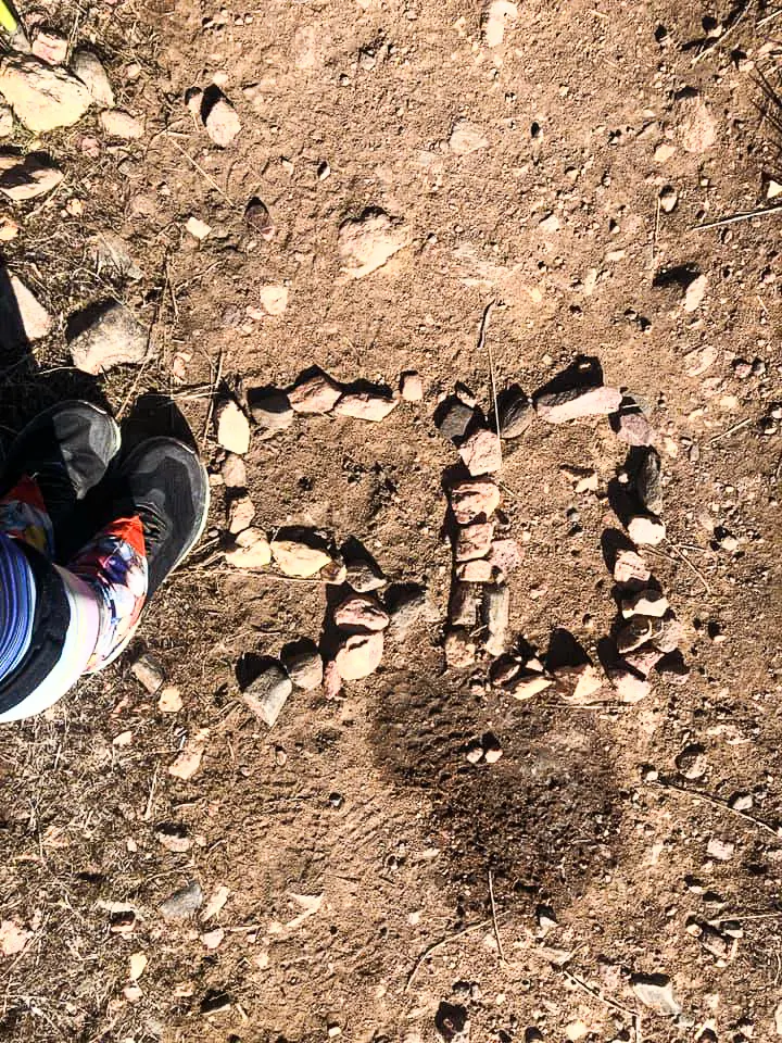 Mile 50 marker created out of small rocks.