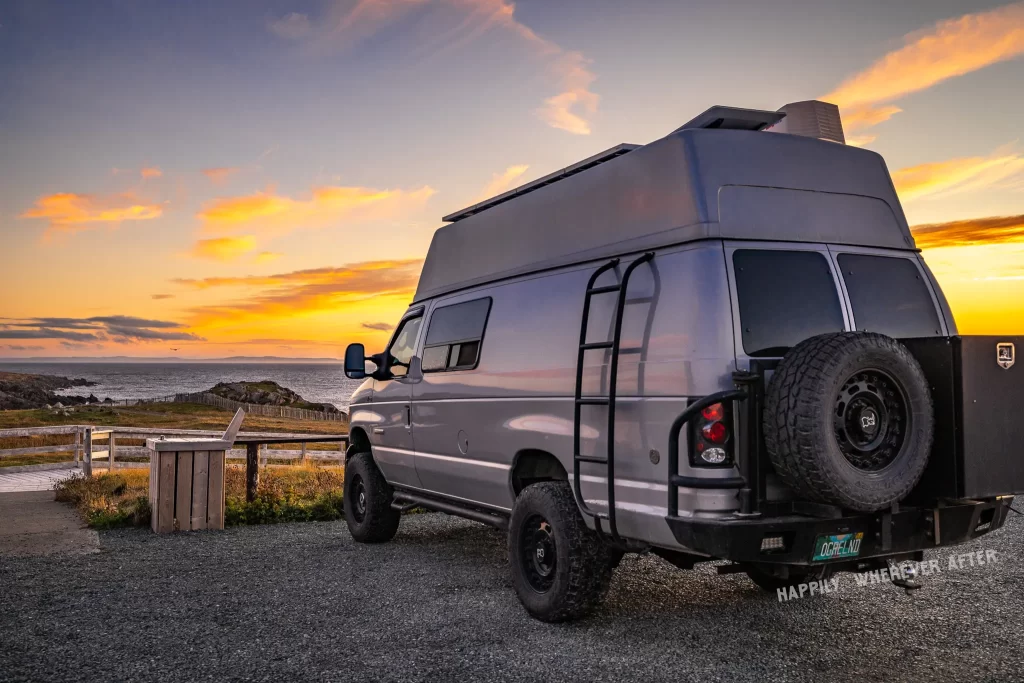 Our campervan parked near the puffins in Newfoundland.
